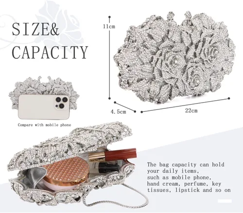 Miniatura 2 de Ynport Bolso de noche gótico de cristal con diamantes de imitación para mujer, diseño floral, boda, fiesta, diamantes brillantes