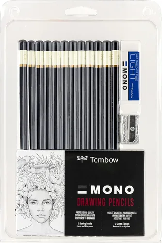 Tombow 51523 MONO - Juego de lápices de dibujo, varios grados, paquete de 12. Juego de lápices de grafito de calidad profesional con borrador y