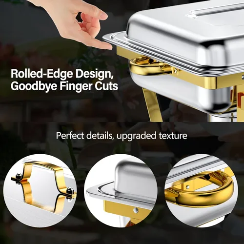 Miniatura 4 de Juego de 2 Platos de Roce de 8 Qt para Buffet, Juego de Chafer para Catering de Acero Inoxidable de Tamaño Completo Dorado, Rectangular