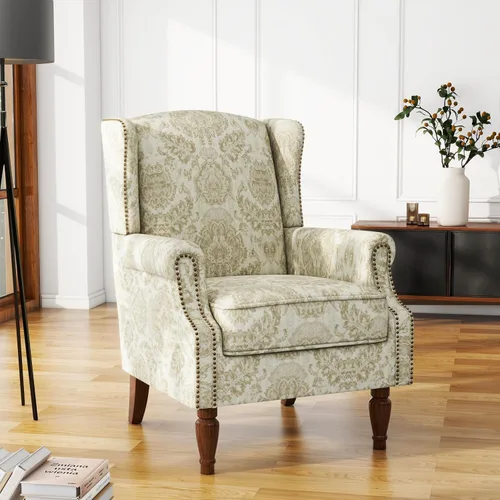 Miniatura 11 de Silla de Acento de Respaldo Alto, Sillón Tapizado en Tela para Sala de Estar, Sillón Wingback con Estampado Floral con Patas de Madera Maciza, Sofá