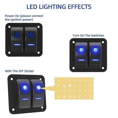 Miniatura 7 de Panel de interruptor 2 bandas de palanca de aluminio, interruptor basculante impermeable de 12V/24V para barco marino, interruptores