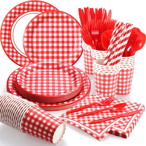 Sieral 200 piezas de suministros de fiesta de cuadros rojos para 25 invitados, kits de vajilla desechable con platos de papel, vasos, servilletas,