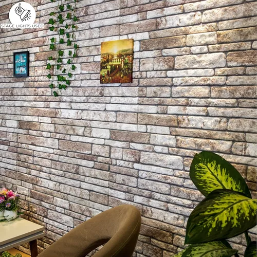 Miniatura 4 de Dundee Deco Paneles de pared 3D de ladrillo sintético, revestimiento de pared marrón claro con aspecto de piedra gris, espuma de poliestireno