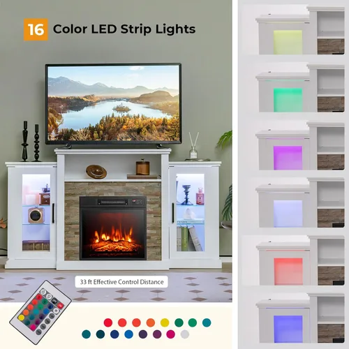 Miniatura 2 de Tangkula - Soporte de TV para chimenea eléctrica, chimenea eléctrica con repisa con luces LED de 16 colores, estantes de vidrio ajustables, control