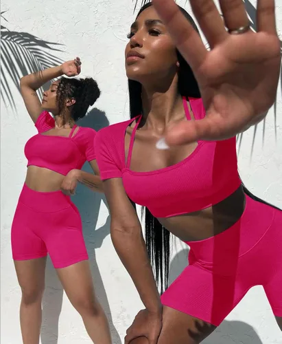 Miniatura 6 de OLCHEE Conjunto de entrenamiento sexy para mujer, 2 piezas, pantalones cortos de cintura alta, sin costuras, leggings y sujetador deportivo, ropa
