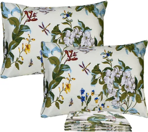 Miniatura 9 de FADFAY Sábanas florales Shabby tamaño King, 100% algodón, 600 hilos, flores blancas y hojas verdes, ropa de cama vintage con estampado botánico