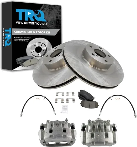 Miniatura 48 de TRQ Juego de pastillas de freno delanteras y rotores de cerámica, pinzas, mangueras, compatibles con Honda Odyssey 2005-2010