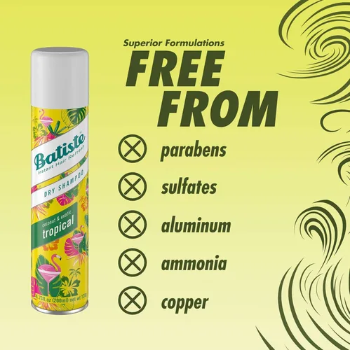 Miniatura 7 de Batiste Champú seco, fragancia tropical, refresca el cabello y absorbe el aceite entre lavados, champú sin agua para mayor textura y cuerpo