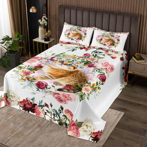 Erosebridal Juego de colcha con diseño de gato y gatito, juego de colcha con temática de animales, juego de ropa de cama floral de flores coloridas,