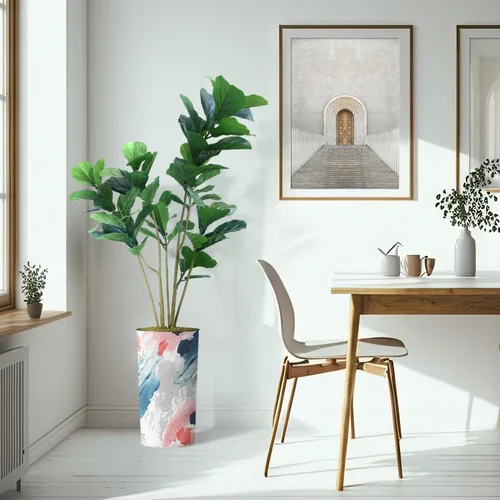 Miniatura 6 de Árbol artificial en macetero contemporáneo con patrón de margaritas, árbol de seda falso Ficus Lyrata para decoración del hogar en interiores