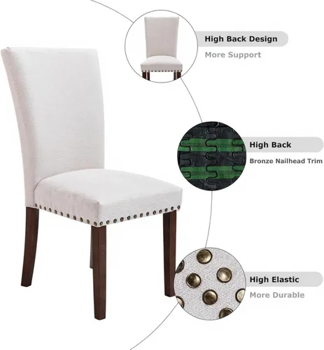 Miniatura 4 de Juego de 2 sillas tapizadas color beige para comedor – Sillas de cocina estilo granja con respaldo alto, patas de caucho sólido, asiento de espuma