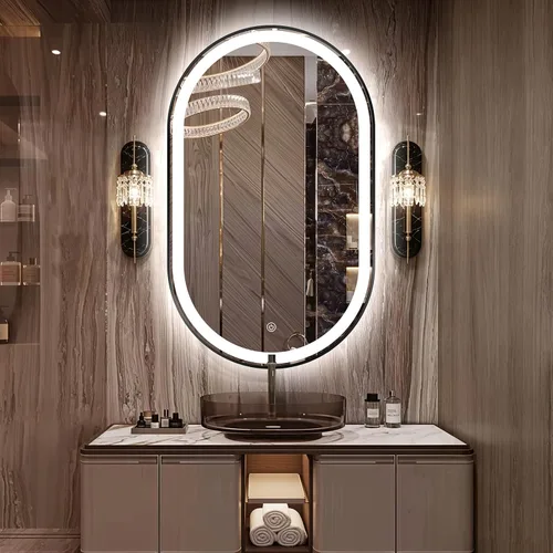 Miniatura 15 de Espejo de baño LED ovalado, espejo retroiluminado de 36 x 24 pulgadas con luz para pared con marco negro, antivaho, regulable, frontal, 3