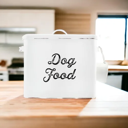 Miniatura 2 de AuldHome - Recipiente rústico de comida para perros; contenedor de almacenamiento blanco estilo granja para perros pequeños