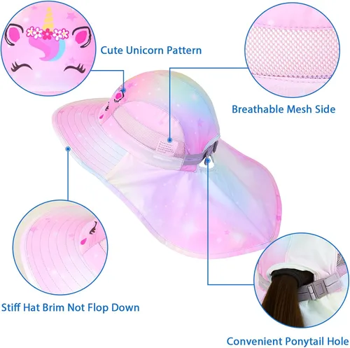 Miniatura 32 de Sombrero de sol para niños, protección UV, unicornio, verano, playa, jugar con ala ancha, solapa para el cuello para niñas y niños