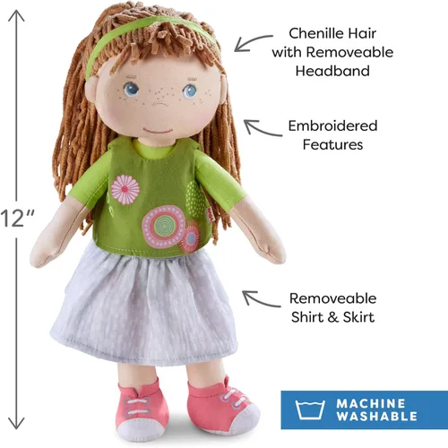 Miniatura 2 de HABA Muñeca de bebé blanda de 12" Hedda con cabello marrón, ojos azules y cara bordada, muñeca para niños pequeños lavable para 18 meses+