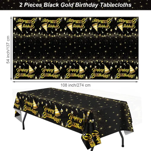 Miniatura 2 de durony Paquete de 2 manteles de cumpleaños, de plástico, color negro y dorado, impermeable, rectangular, para fiestas en interiores o exteriores