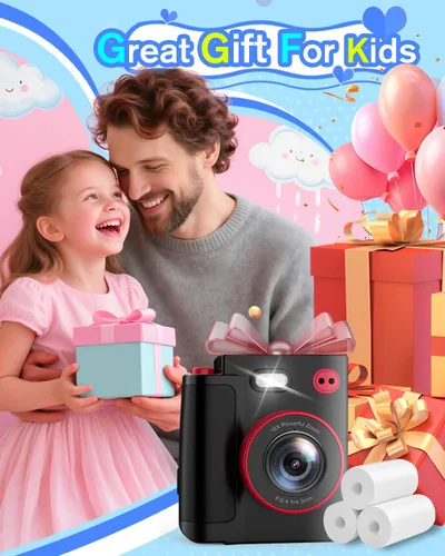 Miniatura 4 de Cámara de impresión instantánea para niños, cámara digital negra clásica para niños de 3 a 12 años, 1080P HD con tarjeta SD de 32 GB, modo selfie