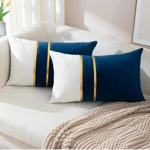 Miniatura 26 de ZLINA Juego de 2 fundas de almohada decorativas de terciopelo verde aguamarina y blanco con parches y cuero dorado de 16 × 16 pulgadas, fundas