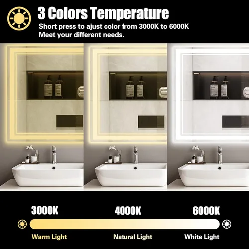 Miniatura 5 de Espejo LED de 48 x 28 pulgadas para baño, espejo de baño sin niebla, con luces LED, regulable, 3 colores, luces delanteras y retroiluminadas, espejo