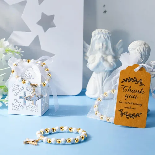 Miniatura 4 de El juego de 200 recuerdos de bautismo incluye 50 pulseras de rosario de cruz de ángel, 50 cajas de bautismo con cinta, 50 etiquetas