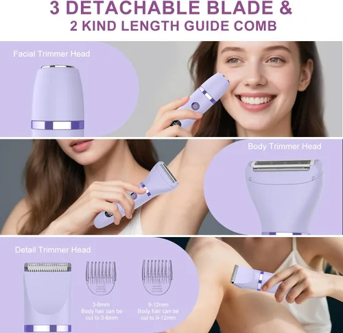 Miniatura 2 de Afeitadora Eléctrica 3 en 1 IPX7 Impermeable Recortador de Bikini Uso Húmedo y Seco Afeitado Sin Dolor Personal para Damas Cara Cuerpo Piernas