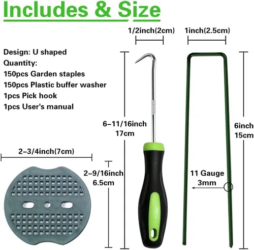 Miniatura 2 de Bakulyor 150 estacas de césped artificial verde + 150 arandelas amortiguadoras, grapas de paisaje de calibre 11 de 6 pulgadas, picos de césped