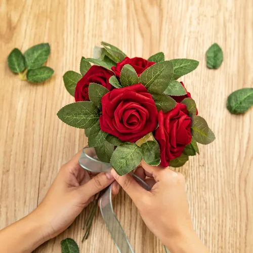 Miniatura 7 de Rosa artificial de espuma de 25 piezas de rosas falsas de aspecto real con tallos y hojas para decoración del hogar, fiestas, jardín, centros