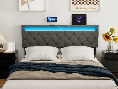 Miniatura 6 de IKIFLY Cabecera tapizada tamaño Queen con luces LED, puerto USB y tipo C, altura ajustable de 39.4 a 43.3 pulgadas, altura ajustable, solo tablero