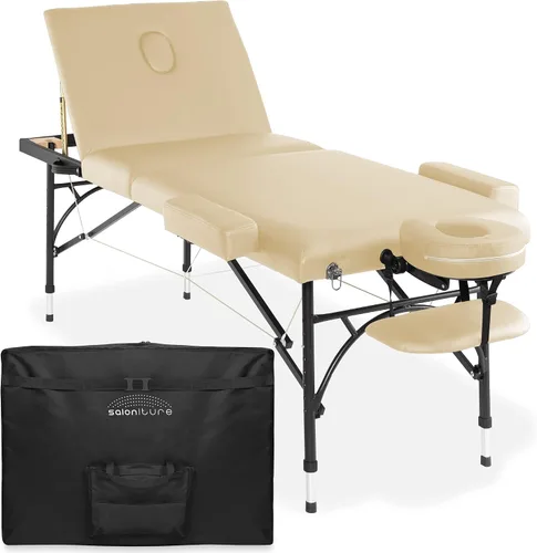 Saloniture Mesa de masaje profesional portátil ligera de tres pliegues con patas de aluminio, incluye reposacabezas, soporte facial, reposabrazos y