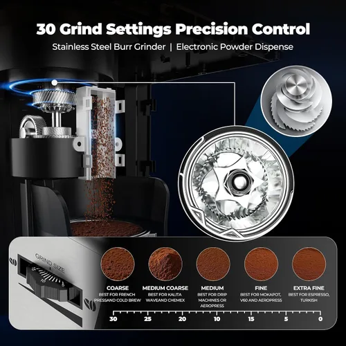 Miniatura 6 de Máquina de café espresso semiautomática de doble caldera con molinillo integrado, portafiltro de 2.283 in, pantalla TFT y varita de vapor espumador