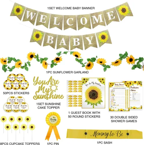 Miniatura 3 de Kit de 207 piezas de decoración de girasol para baby shower para niña o niño, pancartas preencordadas de bienvenida para bebé, vid de flores, libro