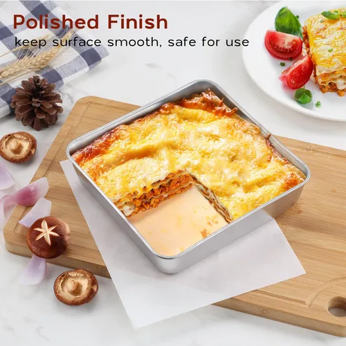 Miniatura 4 de Onader Bandeja cuadrada para hornear pasteles de 8 x 8 pulgadas con tapa, bandeja de lasaña de brownie de acero inoxidable