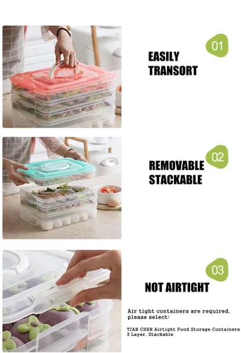 Miniatura 6 de Contenedor organizador de refrigerador, recipientes de plástico para almacenamiento de alimentos con tapa, 3 capas, sin BPA, apilable organizador