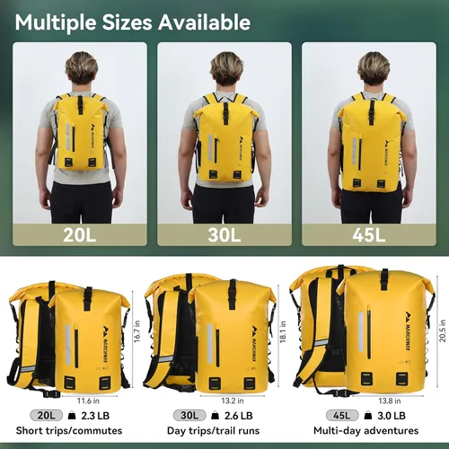 Miniatura 5 de MARCHWAY Mochila impermeable con parte superior enrollable, bolsa seca flotante de 20L/30L/45L con base rectangular ergonómica, espalda acolchada