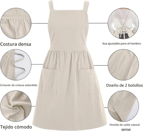 Miniatura 7 de Delantal de lino de algodón Pinknoke, vestido de mandil para mujer con bolsillos, lindos delantales de arte, chef para cocina, hornear, jardinería