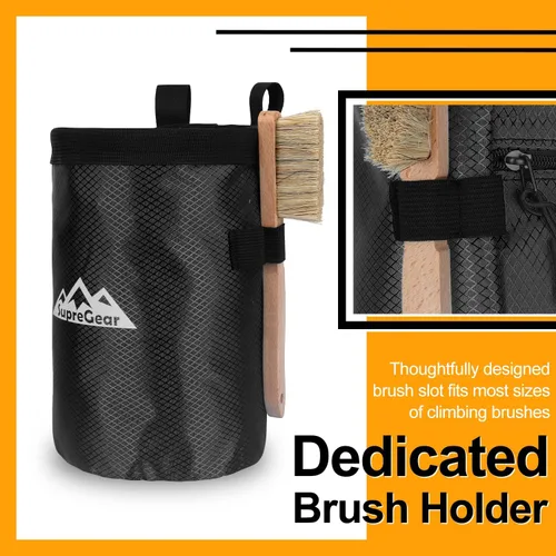 Miniatura 5 de supregear Bolsa de tiza para escalada en roca, bolsillo grande con cremallera con soporte para cepillo, cierre de cordón y clip de mosquetón, ideal