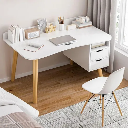 Miniatura 8 de Escritorio de estudio de oficina contemporáneo, escritorio contemporáneo para computadora, escritorio de trabajo con patas de madera, blanco, sin