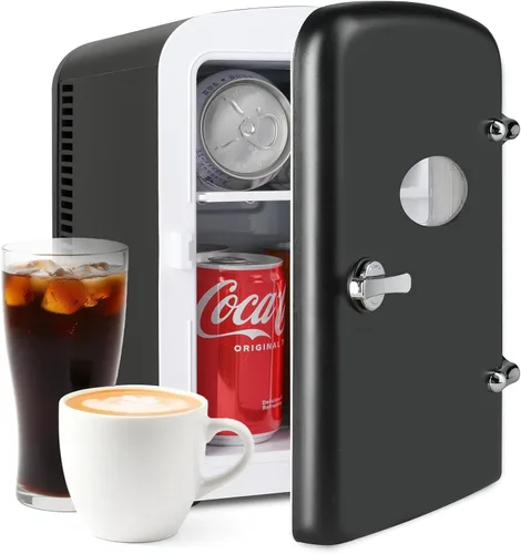 InfiniPower Mini refrigerador de 4L/6 latas con ventana de observación, refrigerador portátil de bebidas pequeño AC/DC, enfriador y calentador sin