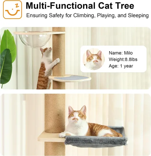 Miniatura 2 de FUKUMARU Árbol para gatos de piso a techo, altura ajustable de 6 niveles (5.7-9.8 pies), torre de escalada con postes de rascado gruesos, centro