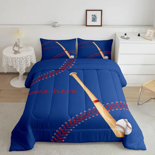 Miniatura 12 de Juego de ropa de cama con relleno de edredón de béisbol, juego de cama de juego de pelota individual para niños, adolescentes, bates, juego