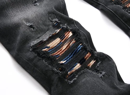 Miniatura 4 de XIMXIMMTIAN Jeans rectos de motociclista para hombre, desgastados, desgastados, ajustados, rectos