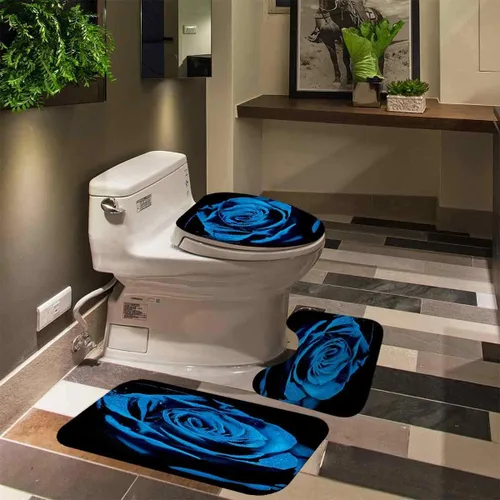 Miniatura 5 de Juego de 4 cortinas de ducha con diseño floral azul real, decoración de baño con diseño de flores de lluvia, cortina de ducha negra de tela, regalos