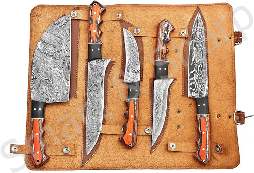 Juego de cuchillos de chef de Damasco hechos a mano personalizados/cuchillos de cocina Juego de 5 piezas SS-17211 (madera de color naranja y negro)