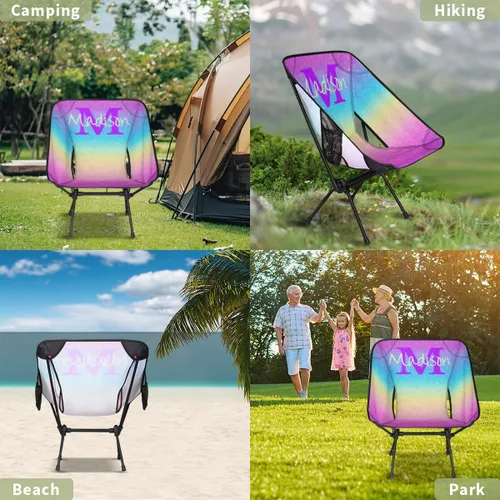 Miniatura 6 de Silla de camping personalizada portátil con nombre, silla plegable ligera para playa, senderismo, rosa, azul y dorado