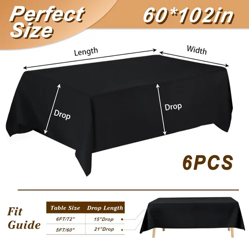 Miniatura 2 de Fixwal Paquete de 6 manteles rectangulares negros de 60 x 102 pulgadas, reutilizables, resistentes, lavables, para mesas de 6 pies, bodas, fiestas