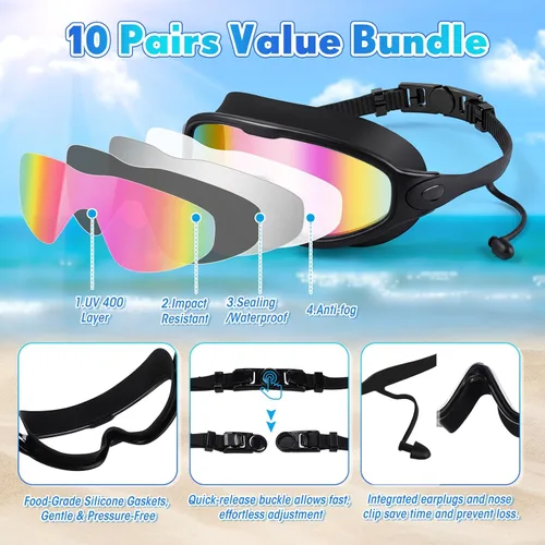 Miniatura 3 de Kanayu 10 gafas de natación para adultos con tapones para los oídos, clip para la nariz, visión amplia, sin fugas, antiniebla, para adultos, hombres