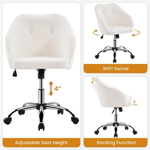 Miniatura 4 de Yaheetech Boucle - Silla de tocador de escritorio con respaldo, cómoda silla de oficina giratoria esponjosa con ruedas, altura ajustable, ángulo