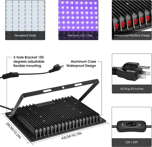 Miniatura 4 de YANYCN Paquete de 2 focos LED de luz negra de 1000 W, foco negro grande para exteriores con enchufe e interruptor, luz negra impermeable IP66