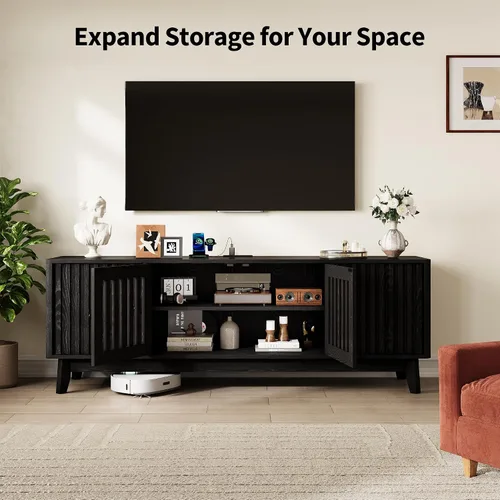 Miniatura 4 de GarveeHome Soporte de TV moderno de mediados de siglo, soporte de TV de 63 pulgadas para sala de estar con salida de energía y estantes ajustables