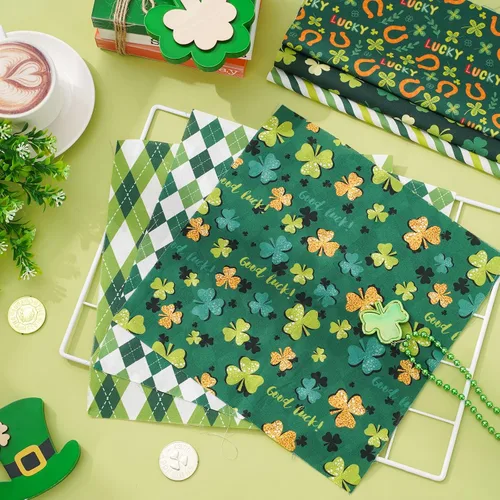 Miniatura 5 de Whaline Paquete de 12 piezas de tela de algodón para el Día de San Patricio de 10 x 10 pulgadas, tela estampada con trébol verde cuadrado, trébol